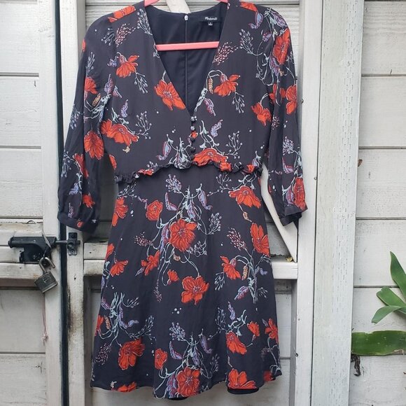 Madewell Silk Ruffle Waist Dress - Windblown Poppies - Picture 1 of 6